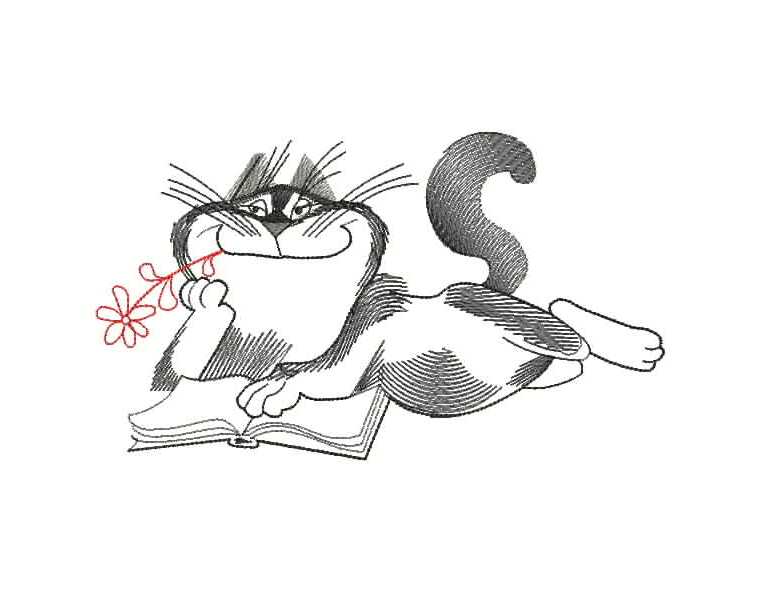 Дизайн вышивки в технике редворк: контурный кот, лежащий на книге с красным цветком в лапке