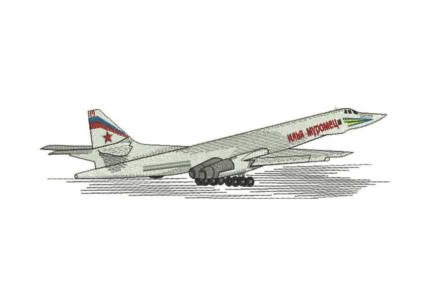 Вышивка гладью военного самолета Ту-160 с красной звездой, флагом на хвосте и надписью «Илья Муромец»