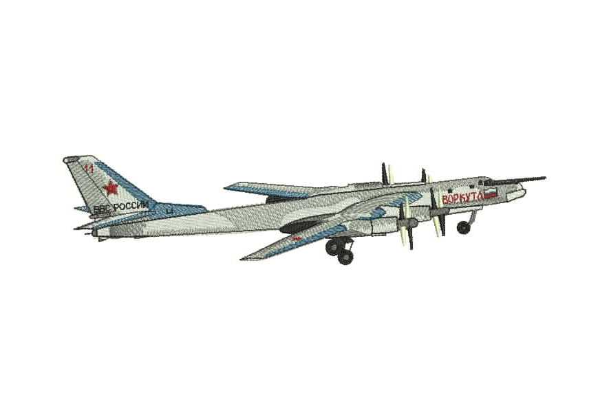 Вышивка гладью военного самолета Ту-95 с четырьмя винтами, красной звездой и надписями «ВВС РОССИИ» и «ВОРКУТА»