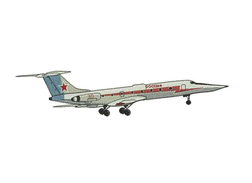 Вышивка гладью пассажирского самолета Ту-134 с Т-образным хвостом, красной звездой на киле, надписью «РОССИЯ» и выпущенным шасси