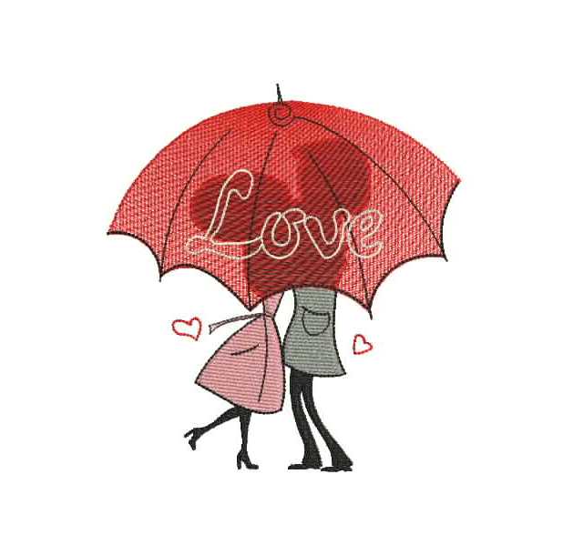 Дизайн вышивки с романтичной парой под красным зонтом, надписью Love и маленькими сердечками, выполненный в стиле силуэтов