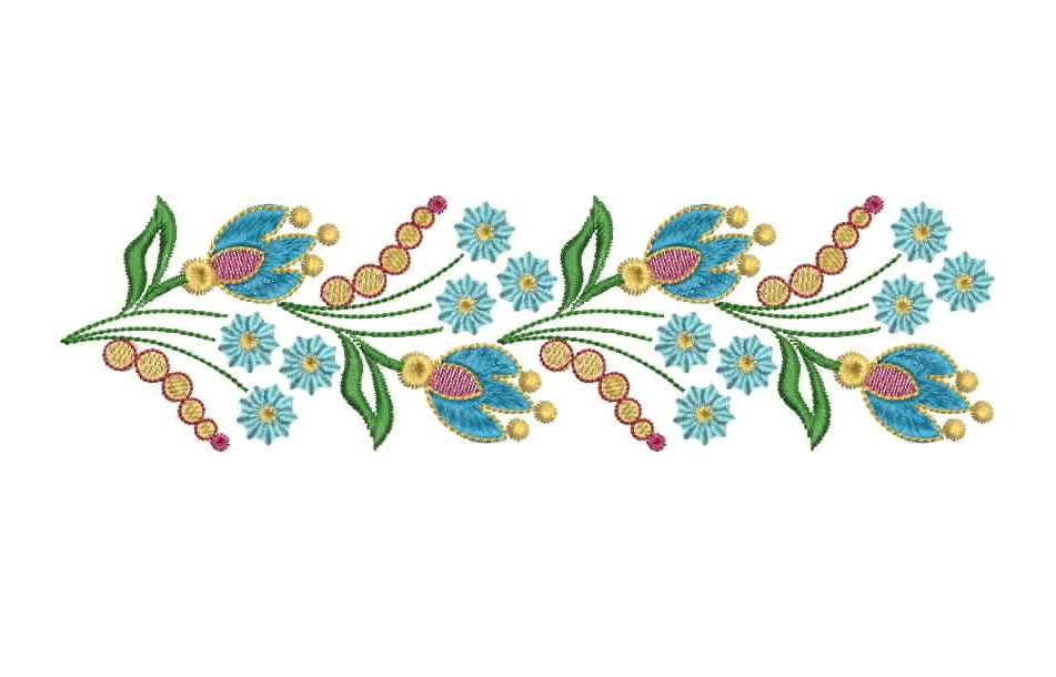 Дизайн вышивки цветочный бордюр: крупные синие бутоны, малиновая серединка, желтые ягодки и голубые мелкие цветы